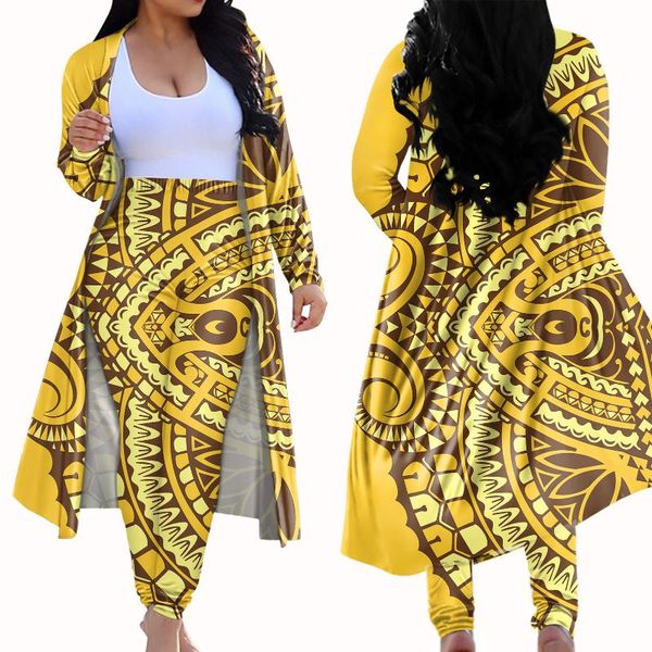 

women's two piece pants jackherelook yellow samoan tribal polynesain tattoo print plus size open sleeved cardigan bodycon 2 club outfit, White