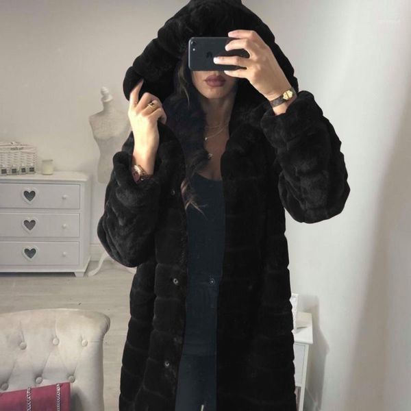 

women's fur & faux elegant overcoat autumn winter hooded long warm coats women sleeve velvet plus size outwear ladies vestes d'hiv, Black