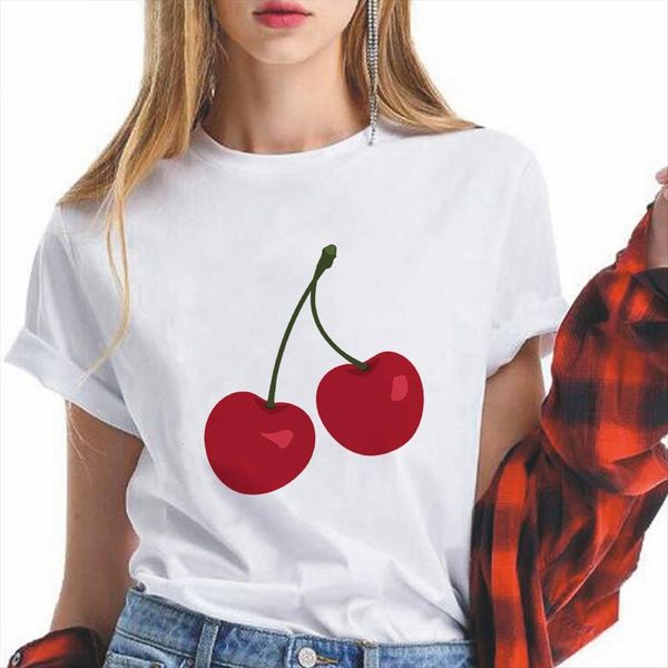 

cherries print graphic summer women t shirt aesthetic clothes plus size harajuku fashion short sleeve family look, White