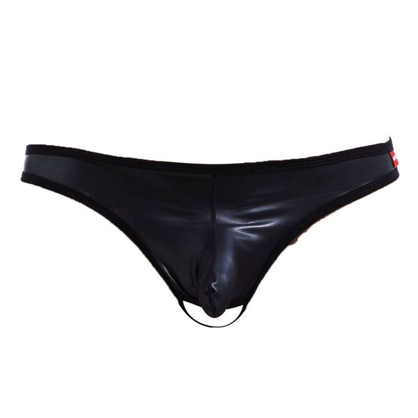 

men faux leather cock ring open crotch g-string u convex pouch brief cockring gay wear low rise g-string plus size f13, Black;white