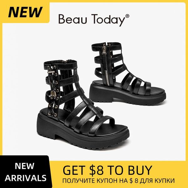 

beautoday gladiator sandals women cow leather platform shoes drawstring side zipper closure summer ladies handmade 07119 dress, Black