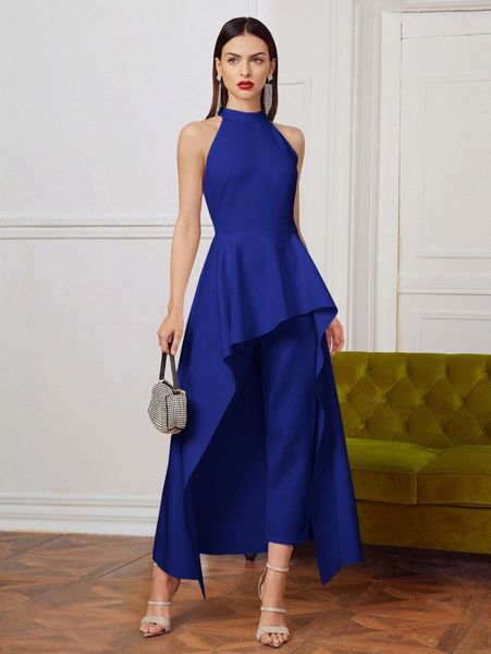 

zipper back solid halter jumpsuit with skirt 15kf#, White