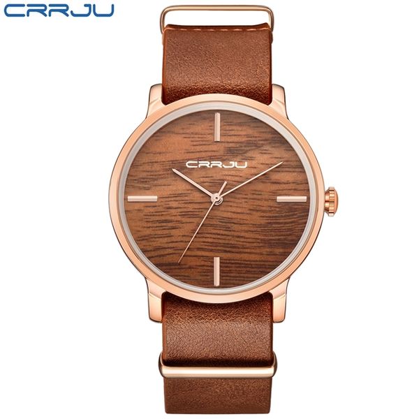 

crrju wooden relojes quartz men watches casual wooden color leather strap watch wood male wristwatch relogio masculino 210517, Slivery;brown