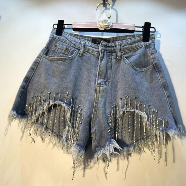 

women's shorts 2021 summer wear heavy tassels nail diamond beads high all-match thin waist denim women aq310, White;black