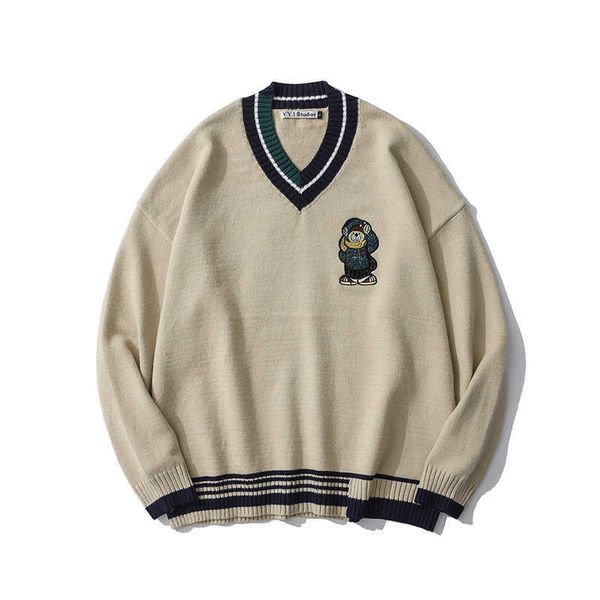 

fashion sweater cartoon bear embroidered t-shirt men's brand v-neck lazy trend loose pullover, White;black