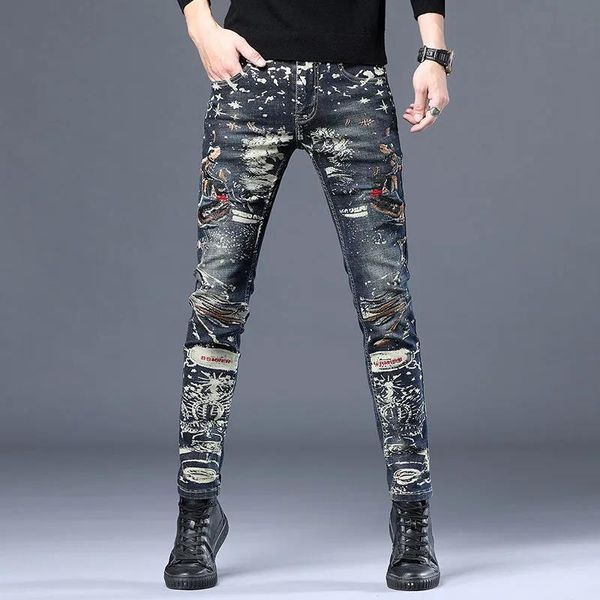 

spring and autumn printed embroidered flower jeans men's trendy brand fashion personality feet pants youth, Blue