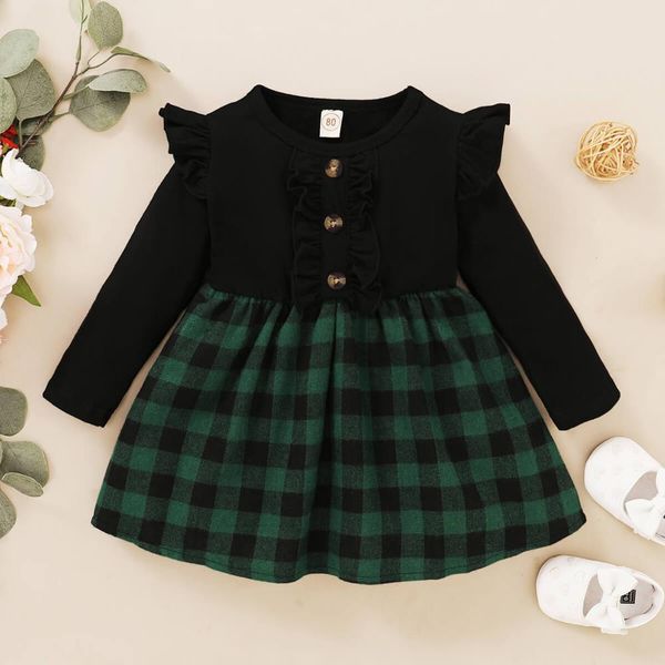 

girl's 18 months clothes kids dresses for girls long sleeve ruffled shoulder christmas green red plaid baby girl winter dress 1023, Red;yellow