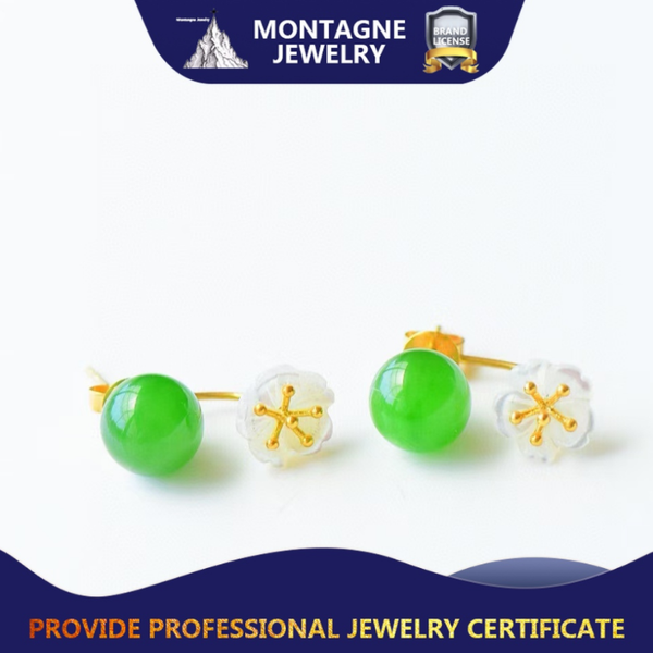 

stud 18k pure gold white flower design natural 8mm grade green jade earring elegant earrings, Golden;silver