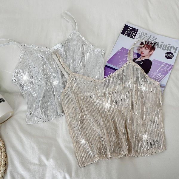 

women's vests gagarich sleeveless off shoulder camis vest women fashion sequin patchwork bling tank summer 2021 outwear wild, Black;white