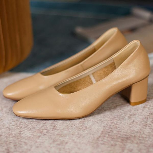 

dress shoes women's genuine leather thick high heel round toe v-opening slip-on pumps elegant ladies soft comfortable ol style daily, Black