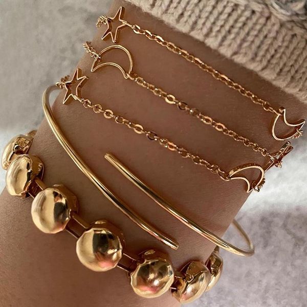 

link, chain 3 pcs/set women gold bracelets set fashion multilayer pentagram moon geometric charm lady party jewelry, Black