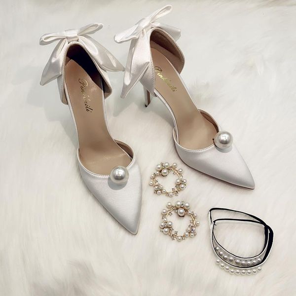 

dress shoes summer style bowknot pearl pointed satin high heel bridal wedding white party all-match female sandals, Black