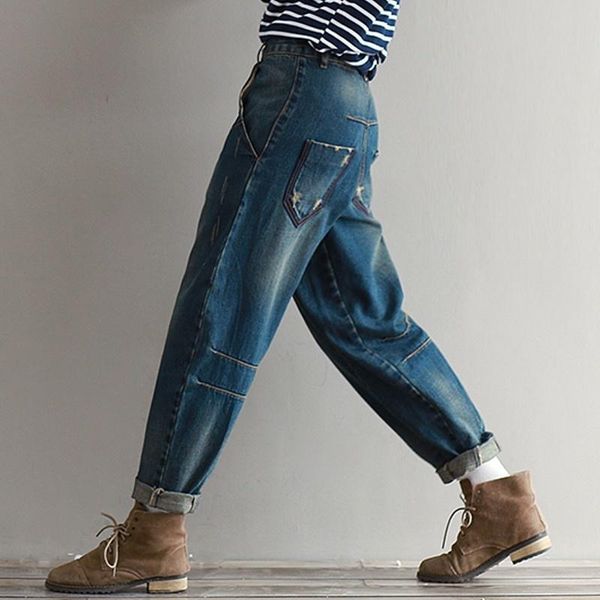 

women's jeans summer spring style women casual loose harem pants classic denim cross full length trousers for girls, Blue