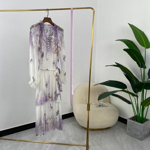 

casual dresses silk summer women fashion light purple floral print v-neck single breasted long sleeve 2021, Black;gray