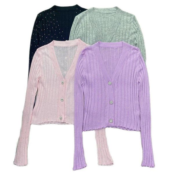 

women's knits & tees 2021 v-neck rhinestone button knit cardigan 0326, White