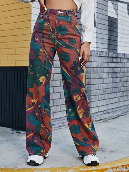 

high waist floral wide leg jeans d2oe#, Blue