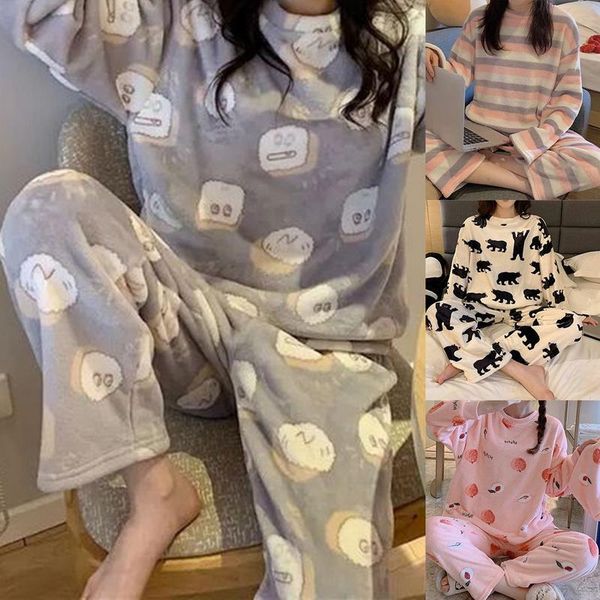 

women's hoodies & sweatshirts women female pajamas homewear print winter pajama set long sleeve loose elastic waist thick warm sleepwea, Black