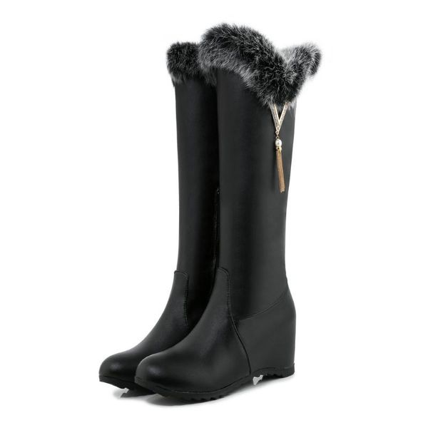

boots 2021 women winter warm flock ladies fashion snow shoes thigh high elastic pu leather mid-calf big size 34-43, Black