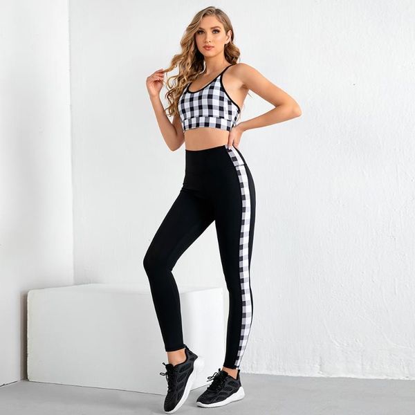 Completo da yoga Fitness da donna Set da palestra 2 pezzi Reggiseni sexy con stampa mimetica scozzese + Leggings senza cuciture Pantaloni push up Esercizio imbottito Allenamento Runn