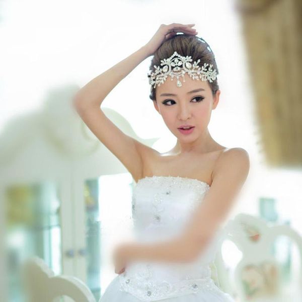

hair clips & barrettes gold silver-plate crystal bridal headpiece chain wedding rhinestone magnificent tiara crown frontlet bridesmaid jewel, Golden;silver