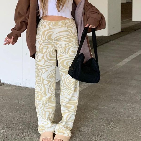 

women's jeans streetwear casual heart shaped elastic waist vintage baggy straight denim trouser mom wide leg pants, Blue
