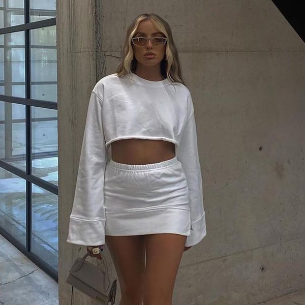 

women's tracksuits casual fashion suit 2021 summer solid color o-neck long-sleeved short a-line pleated skirt streetwear, Gray
