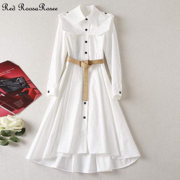 

casual dresses red roosarosee fashion autumn women turn-down collar long sleeve irregular white vestidos female party dress belt, Black;gray