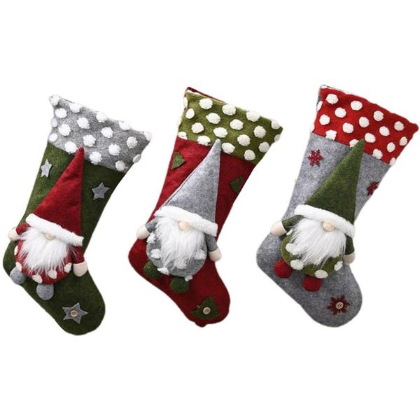 

christmas decorations 3pcs/set stockings fabric santa claus sock gift kids candy bag snowman deer pocket hanging xmas tree ornament
