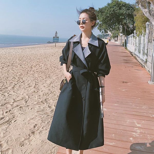 

women's trench coats black windbreaker spring autumn korean high-quality british style long casual jacket female loose fashion ladies c, Tan;black