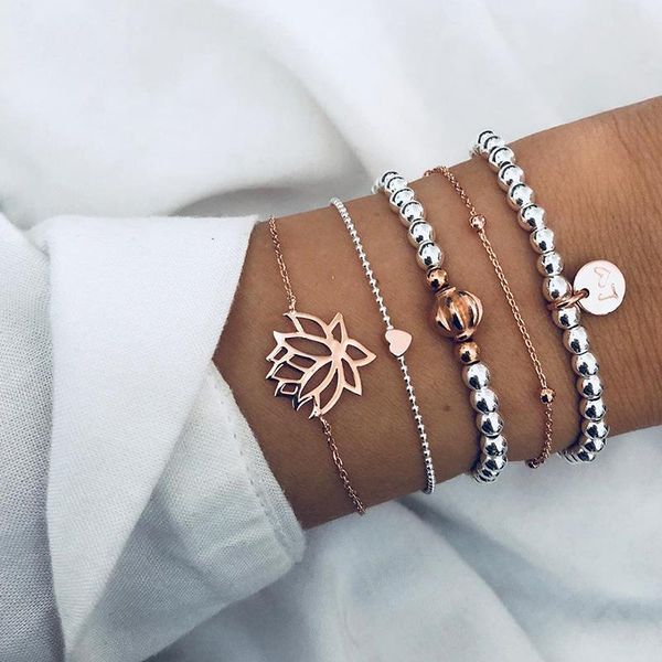 

link, chain 5 pcs/ set exquisite lantern lotus heart love wafer beads pendant bracelet women charm party fashion accessories, Black