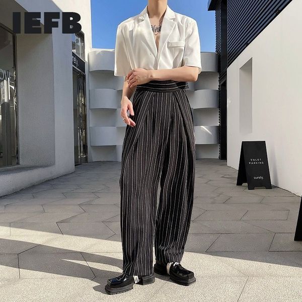 

iefb personality stripe wide leg long pants temperament high waist casual streetwear trousers 9y6660 210524, Black