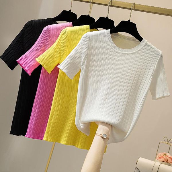 

women's sweaters aossviao lce silk summer short sleeve striped pullover women sweater knitted 2021 korean pull femme jumper female, White;black