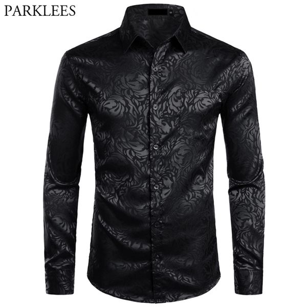 

men's floral black dress shirts stylish long sleeve steampunk men party club bar social male chemise homme 210721, White;black