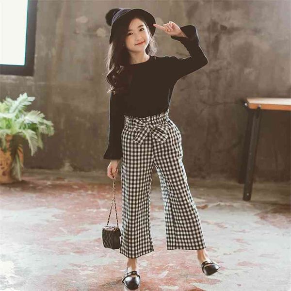 Outono primavera moda meninas roupas terno sino de manga comprida + bowplaid largo pants 2 pcs crianças 210611