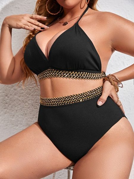 

plus contrast trim halter bikini swimsuit a1kl#, Black
