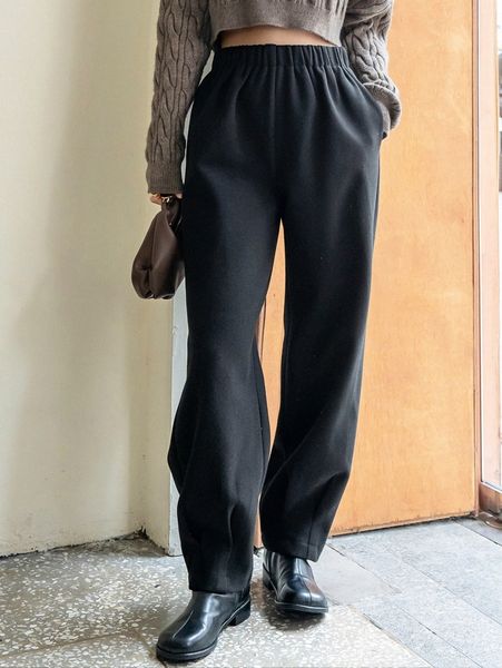 

dazy-less elastic waist plicated detail pants e9gp#, Black;white