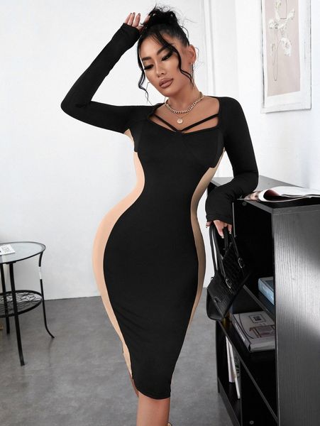 

sxy two tone cut out bodycon dress q1jc#, Black;gray