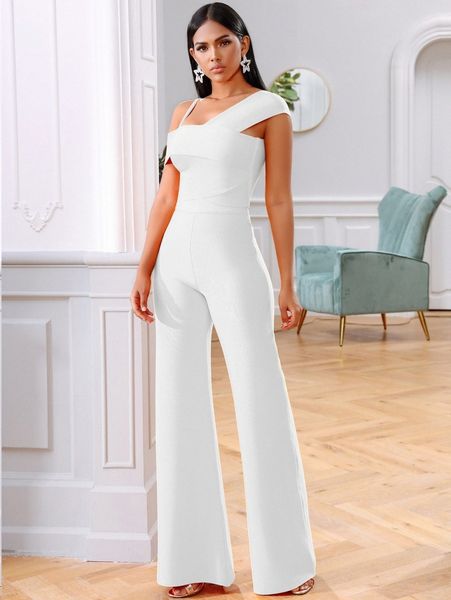 

adyce asymmetrical neck & wide leg pants set s35f#, White