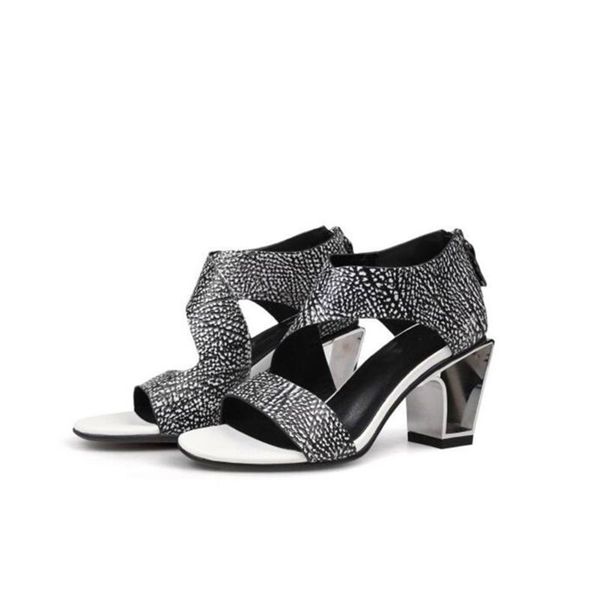 

leather women sandals princess heel thick black white fashion high heels