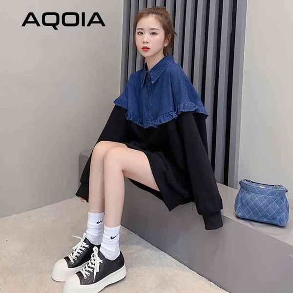 

winter streetwear turn-down collar female pullover denim patchwork womens sweatshirts hoodies autumn long woman sweatshirt 210521, Black