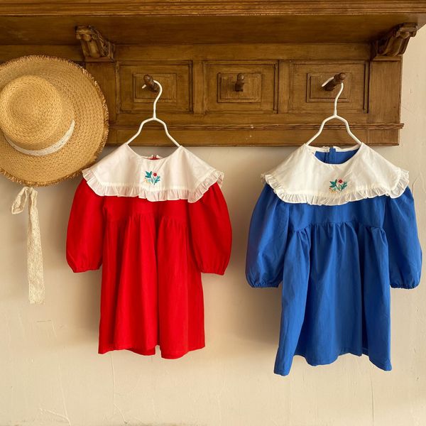 

2021 new spring embroidery floral baby girls cotton princess dresses korean style toddlers kids lantern sleeve dress, Red;yellow