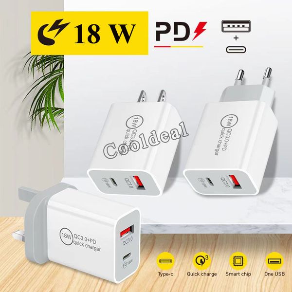 

18w 3a pd type-c qc3.0 usb fast charger mobile phone us uk eu plug adapter for iphone 12 samsung oneplus htc xiaomi c dhl