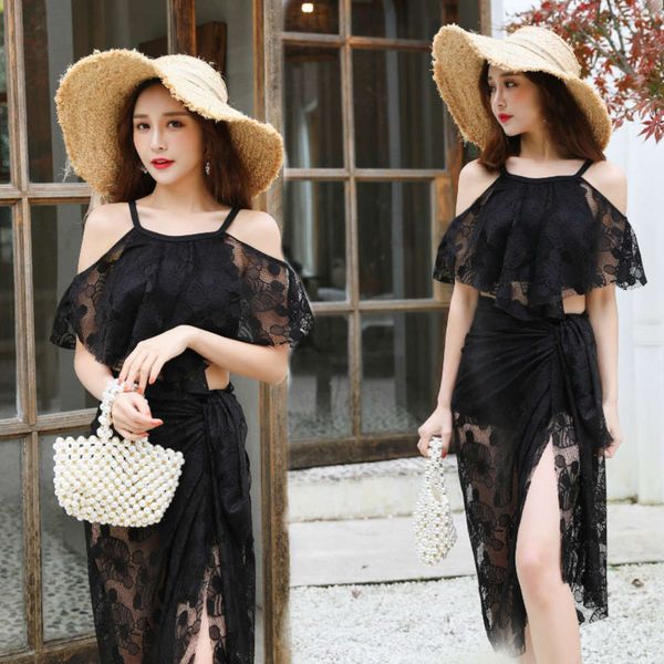 

women's swimsuit three piece set of solid lace bathing suit, White;black