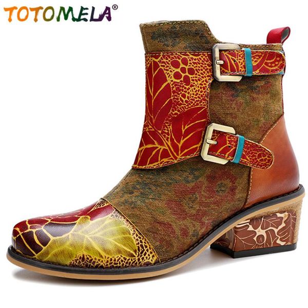 

boots totomela 2021 big size 36-42 women ankle print buckle square heel zip fashion casual shoes autumn winter short woman, Black