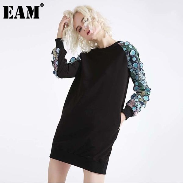 

[eam] women black three-dimensional patch split dress round neck long sleeve loose fit fashion spring autumn jh332 210512, Black;gray