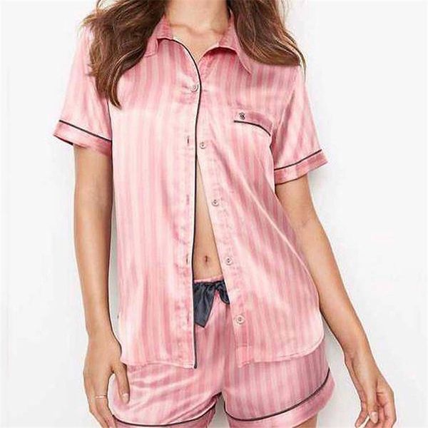 Розовый комплект из 2 предметов Pamas, пижамы в полоску из искусственного шелка, одежда для сна, весна-лето, домашняя одежда 210809