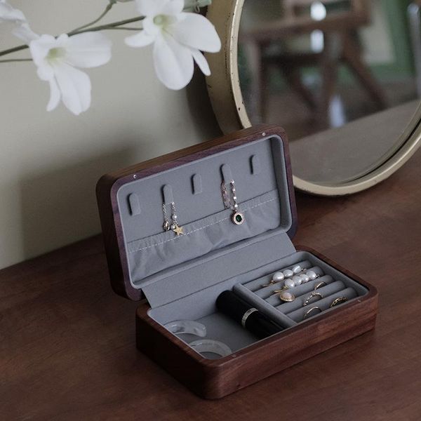 

jewelry pouches, bags black walnut wooden travel box retro portable necklace ring organizer storage display props gifts for girls, Pink;blue