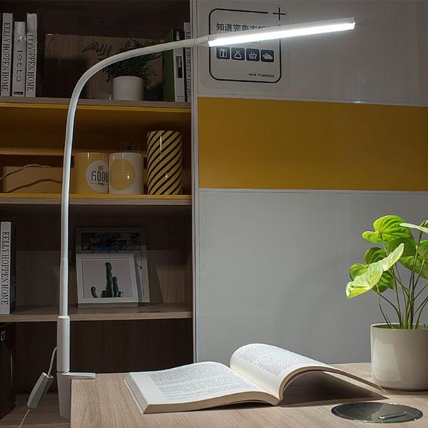 Lampade da tavolo Lampada da tavolo a LED a braccio lungo Clip da 10 W Luminosità regolabile flessibile Protezione degli occhi a colori per l'ufficio di studio di lettura della camera da letto
