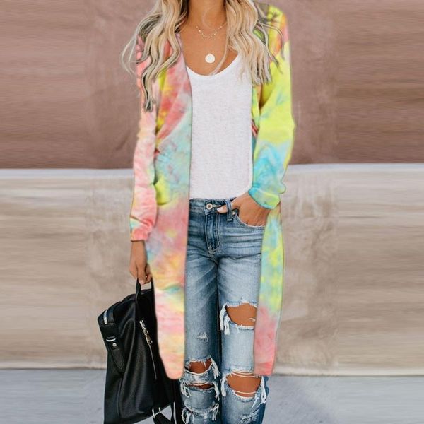 

women's knits & tees autumn spring casual fashion tie-dye printed long-sleeved jacket open stitch slim mid-length cardigan coat outwear, White