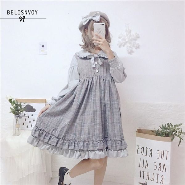 Kawaii Giapponese Lolita Vestito Delle Donne di Autunno Dell'annata Manica Lunga Patchwork Plaid Harajuku College Bowknot Increspature Carino 210520